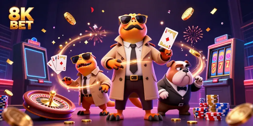 Win big at 8K BET with colorful raptors sneaking into a VIP casino lounge, celebrating with confetti.