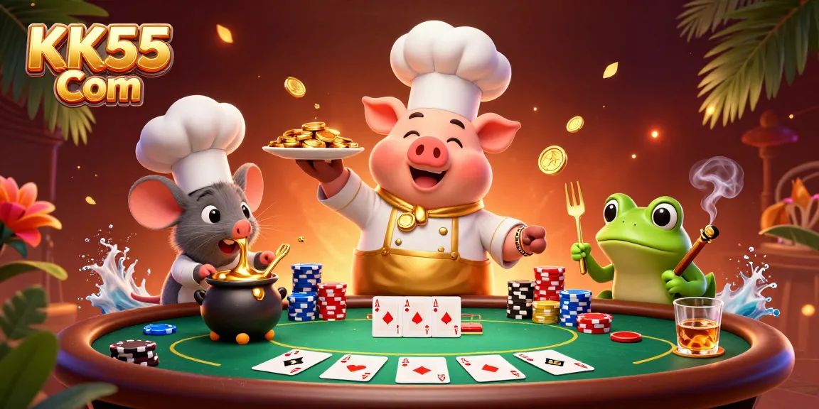 Engage with KK55 Com as the chef pig serves gold coins surrounded by poker action.