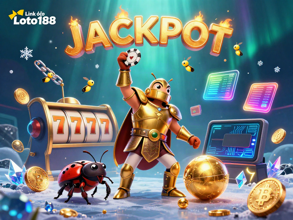 Experience excitement with Link vào Loto188 as the heroic beetle celebrates a jackpot win in a vibrant casino.