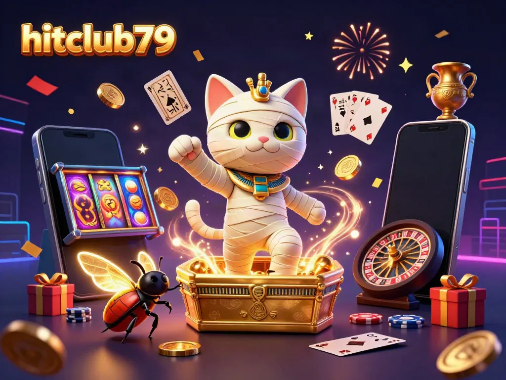 Experience hitclub79's thrilling gaming action with a vibrant 3D illustration of a mummy cat and casino elements.