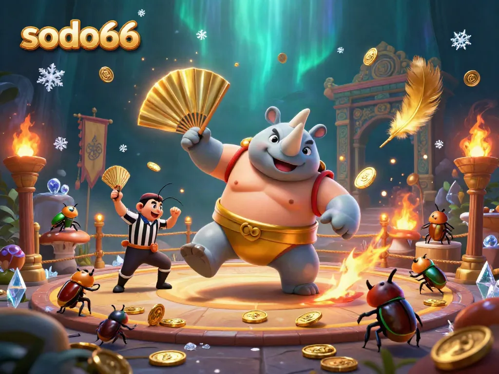 Engage with SODO66 in a vibrant 3D scene featuring a sumo beetle champion amidst dynamic casino elements.