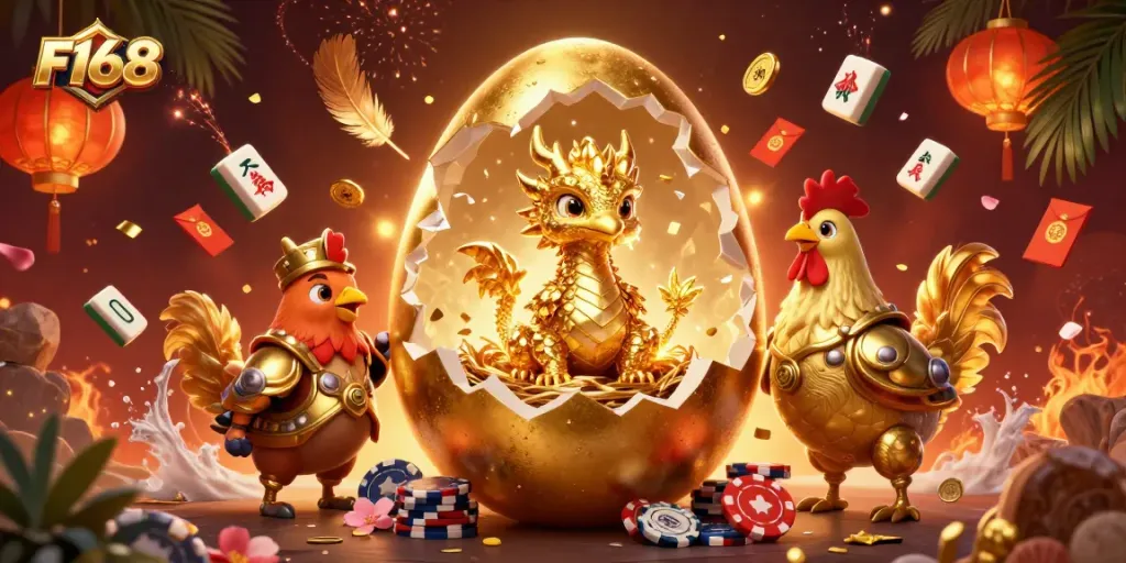 Experience the excitement of F168 with a stunning illustration of a golden dragon and vibrant casino elements.