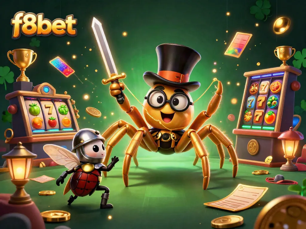 Experience thrilling gameplay at f8bet with an enticing golden tarantula and heroic beetle knight in a vibrant casino scene.
