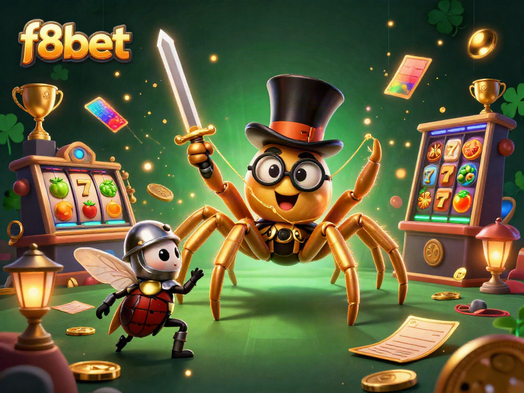 Experience thrilling gameplay at f8bet with an enticing golden tarantula and heroic beetle knight in a vibrant casino scene.