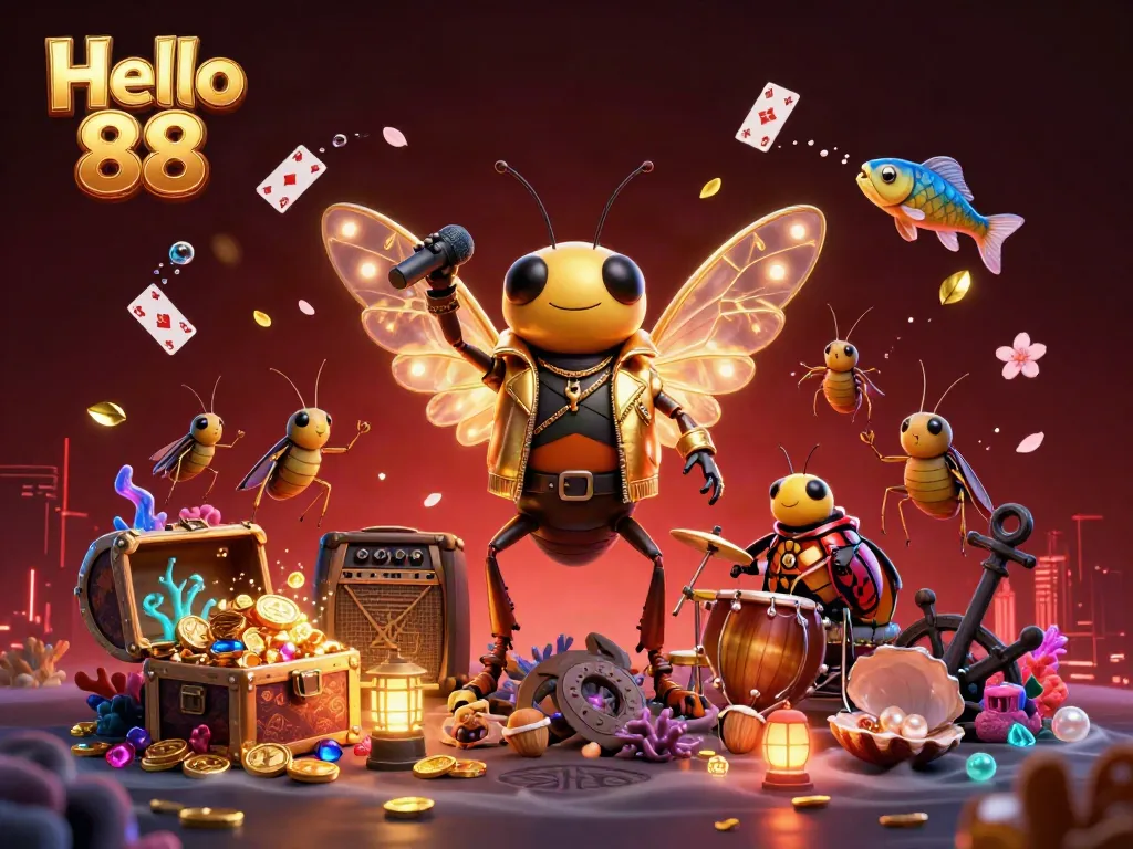 Experience the vibrant world of Hello 88 with dynamic characters, gold treasures, and lively casino elements.