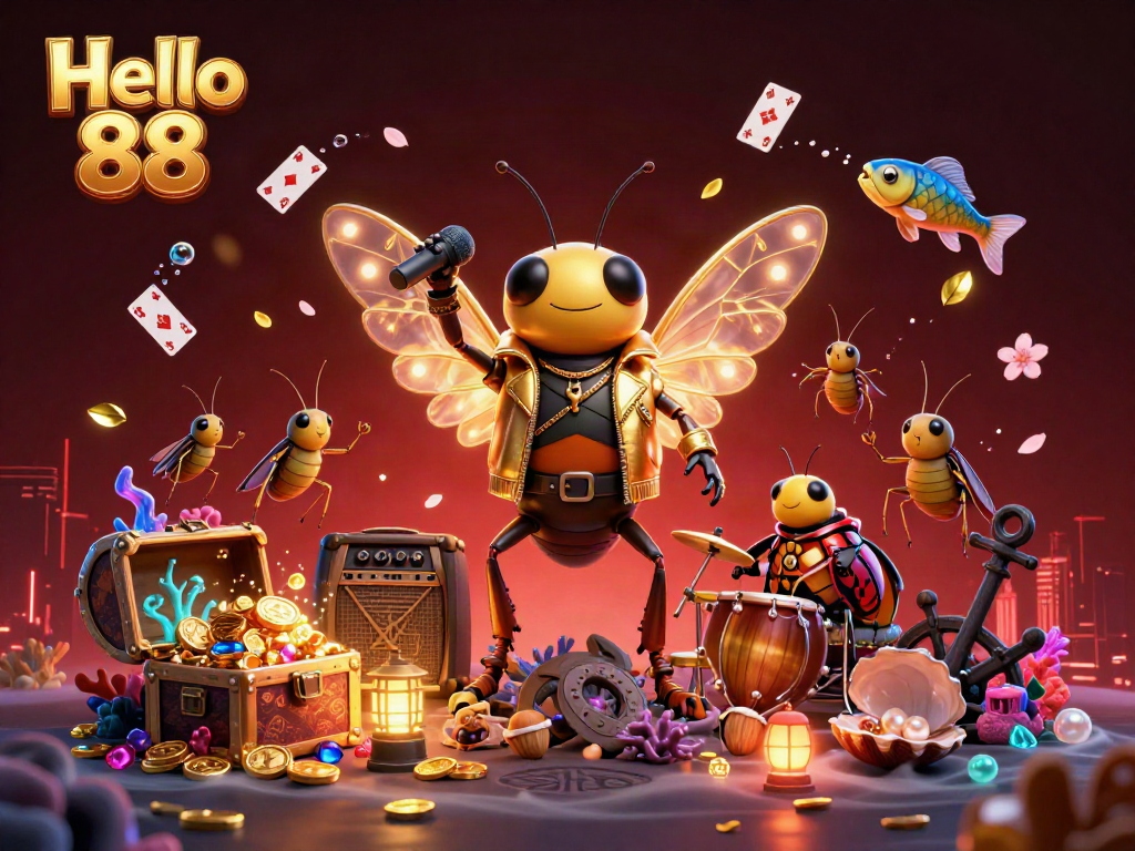 Experience the vibrant world of Hello 88 with dynamic characters, gold treasures, and lively casino elements.