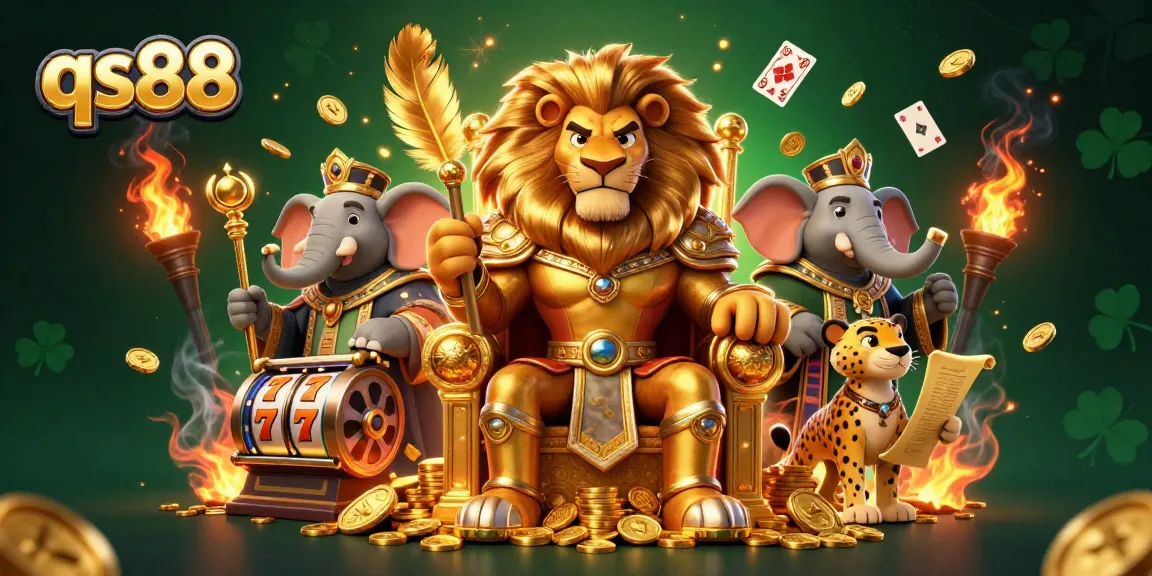 qs88 celebrates exciting casino gameplay with a fierce lion on a golden throne, showcasing thrilling slot elements.