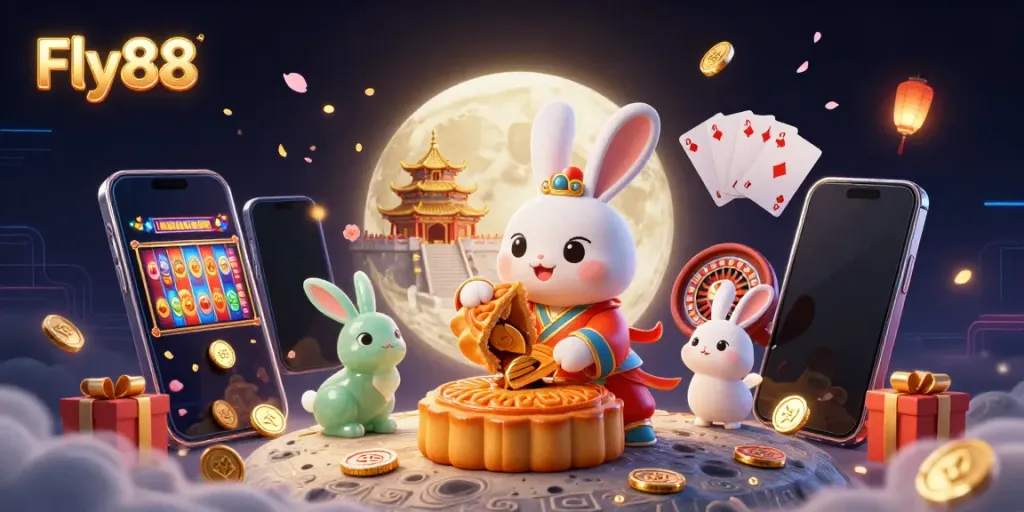 Experience exciting plays at Fly88 with a lively moon rabbit in a vibrant casino-themed scene.