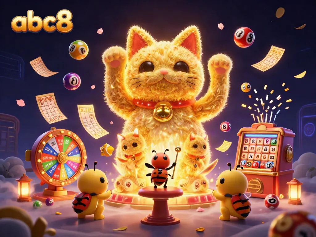Experience abc8 excitement with a festive lucky cat amidst vibrant casino elements and colorful prizes.