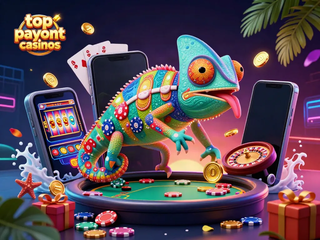 Engage with top payout casinos through a lively chameleon owner capturing coins amidst vibrant games.