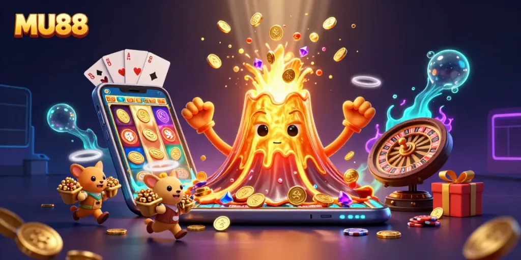 Experience thrilling wins at MU88 with a dynamic casino scene, featuring erupting treasures and vibrant gaming elements.