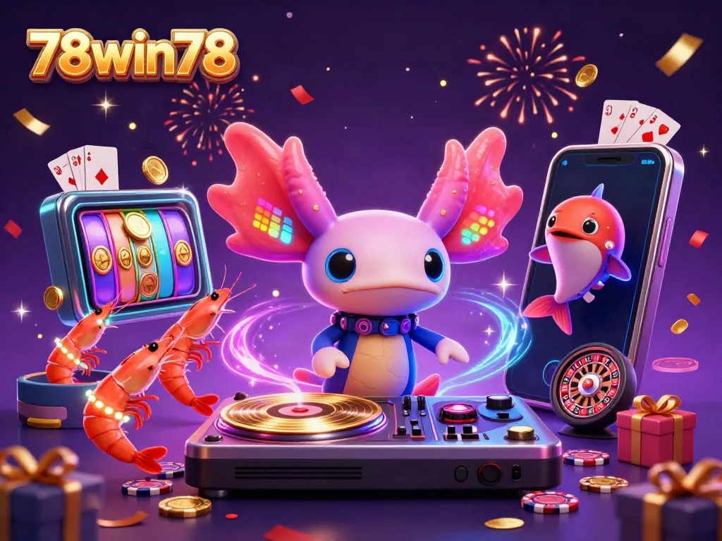 Experience thrilling casino vibes with 78win78, featuring a neon axolotl DJ and vibrant game elements.