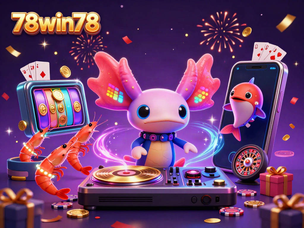 Experience thrilling casino vibes with 78win78, featuring a neon axolotl DJ and vibrant game elements.