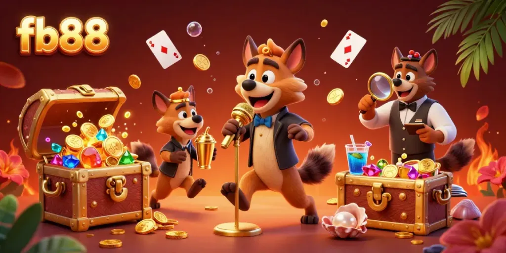 Hyenas at a vibrant fb88 casino, mixing drinks and performing comedy.