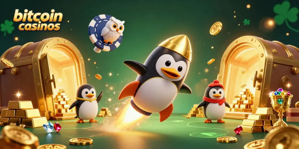 Experience bitcoin casinos with a golden penguin and treasure elements in a vibrant 3D scene.