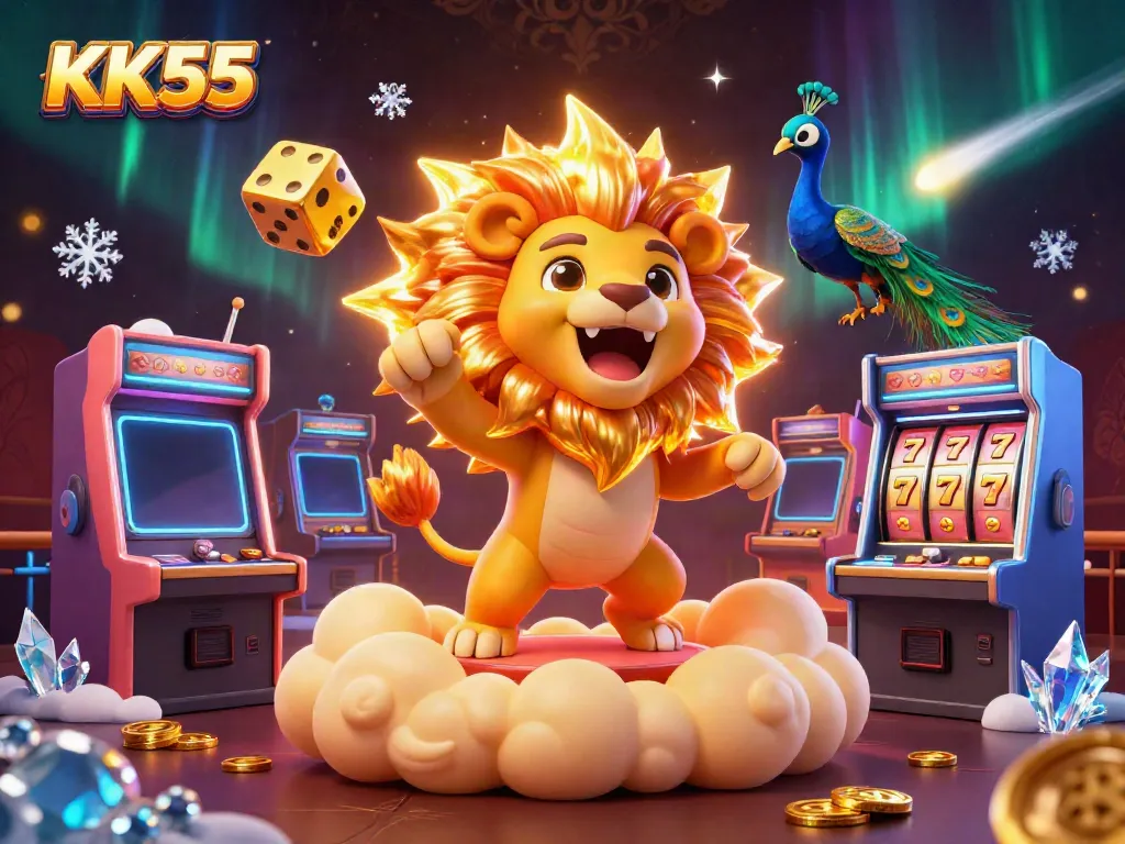 Experience thrilling gameplay at KK55, featuring an exciting scene with a roaring lion, golden dice, and slot machines.