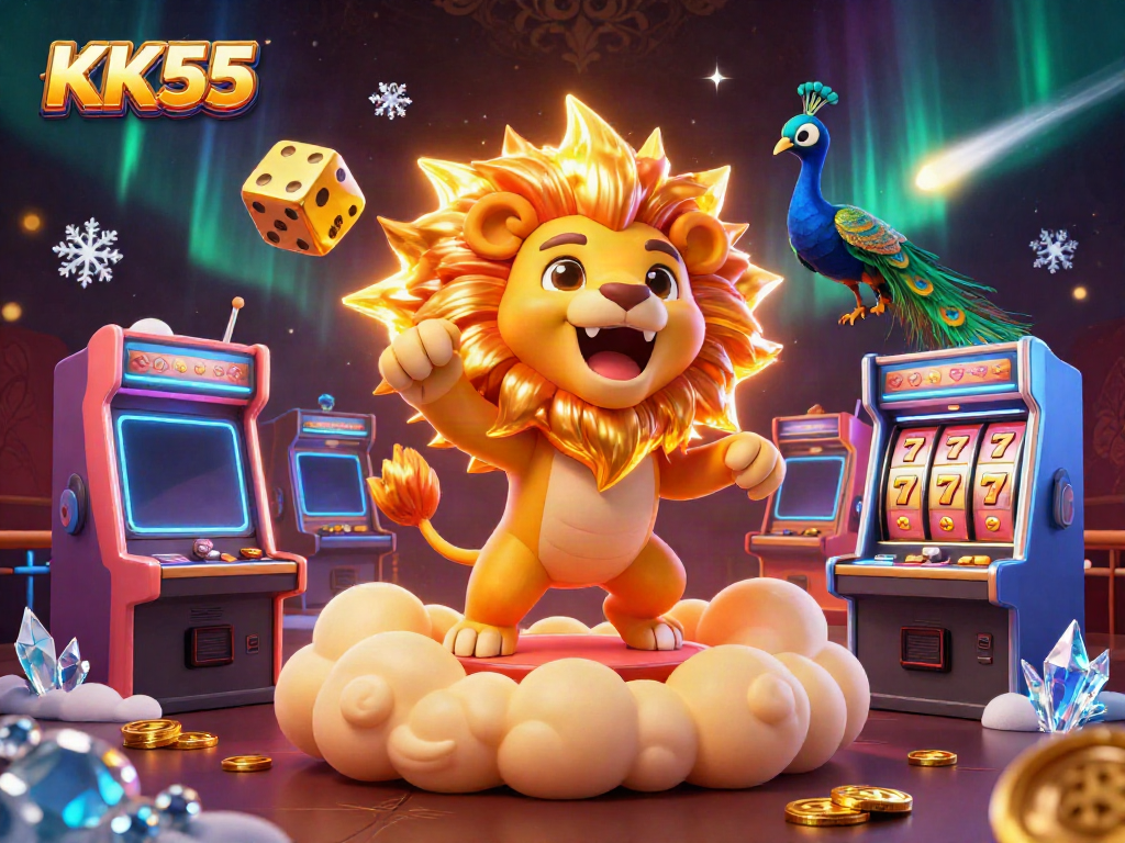 Experience thrilling gameplay at KK55, featuring an exciting scene with a roaring lion, golden dice, and slot machines.