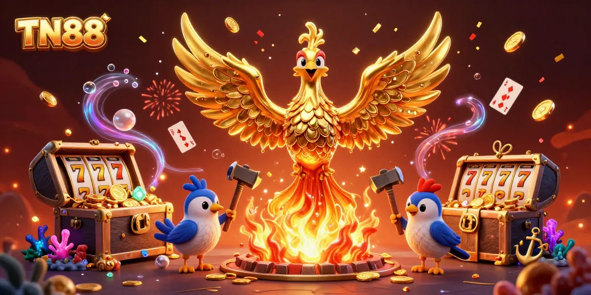 Experience TN88's thrilling casino adventure with a golden phoenix and vibrant slot elements.