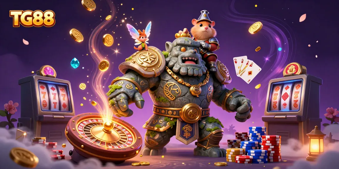 Experience the magic of TG88 with enchanting casino visuals and vibrant characters in a fantasy landscape.