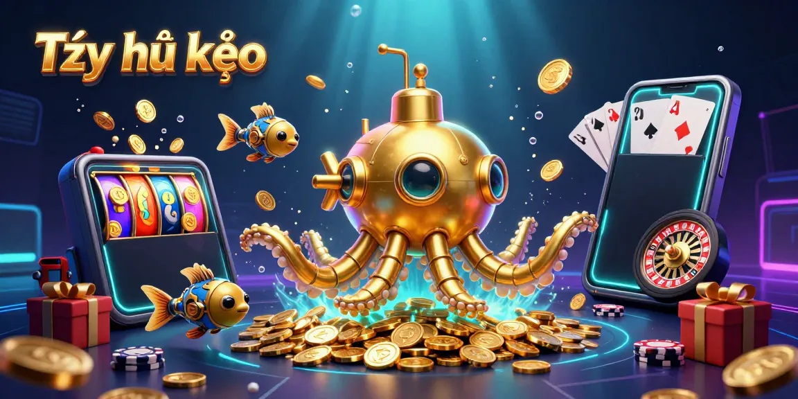 Engage with Tỷ lệ kèo through a vibrant 3D underwater casino scene featuring a golden kraken and slot game elements.