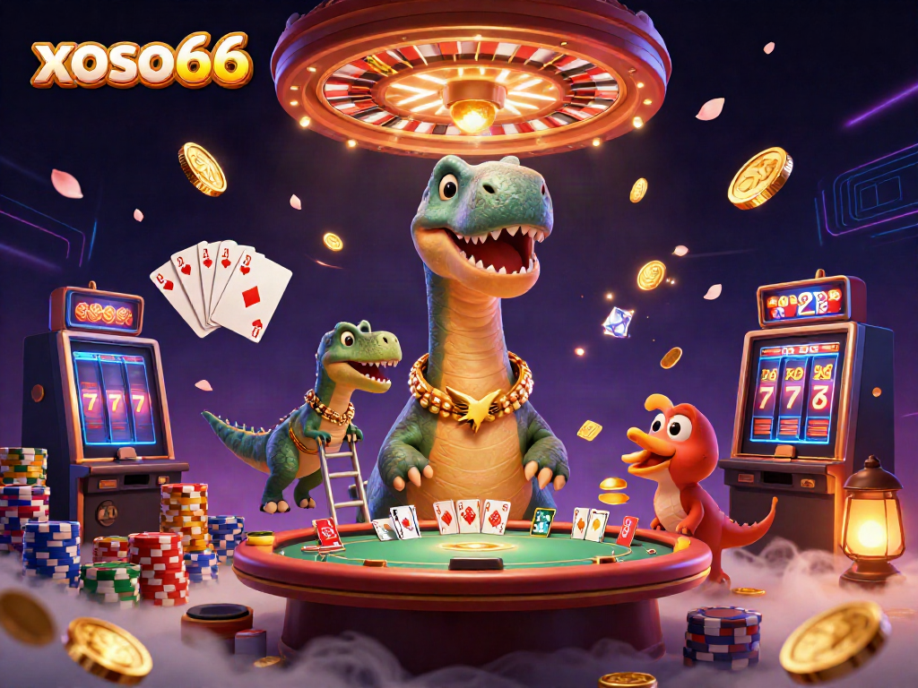 Engage in thrilling games as xoso66's characters come alive in a vibrant casino scene.