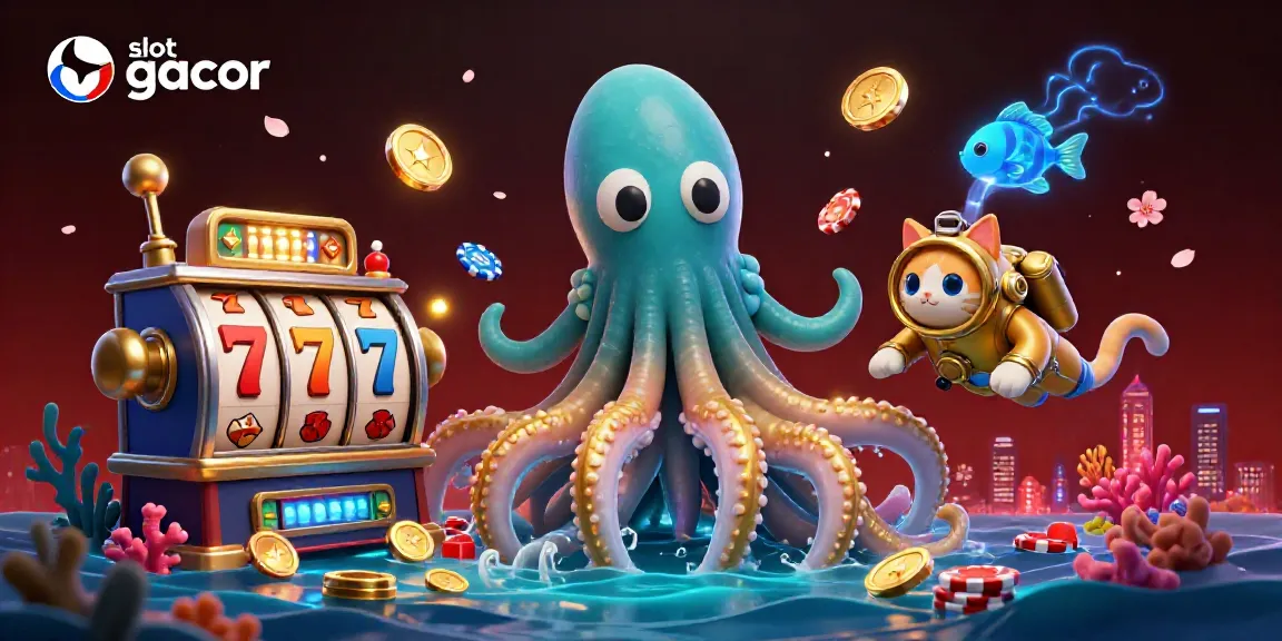 Menyaksikan slot gacor dengan kraken raksasa dan kucing menyelam dalam gambaran digital yang kaya dan cerah