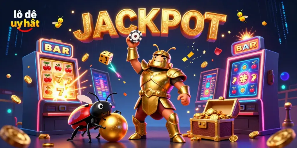 Experience thrilling moments of lô đề uy tín with cartoon beetles celebrating a jackpot amidst dynamic casino elements.