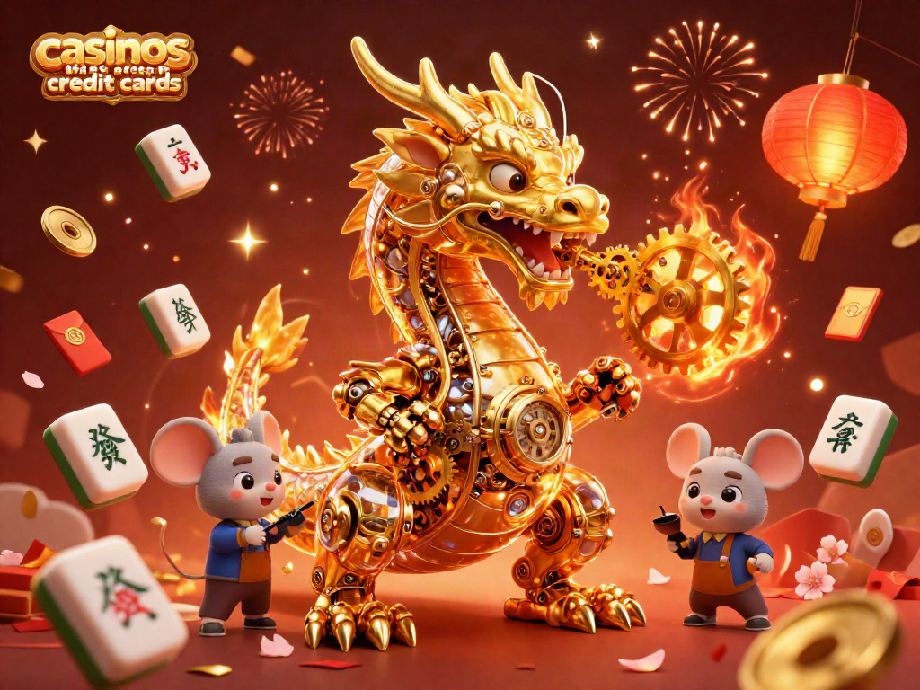 Engage with casinos that accept credit cards featuring a golden dragon and mouse engineer surrounded by celebratory elements.