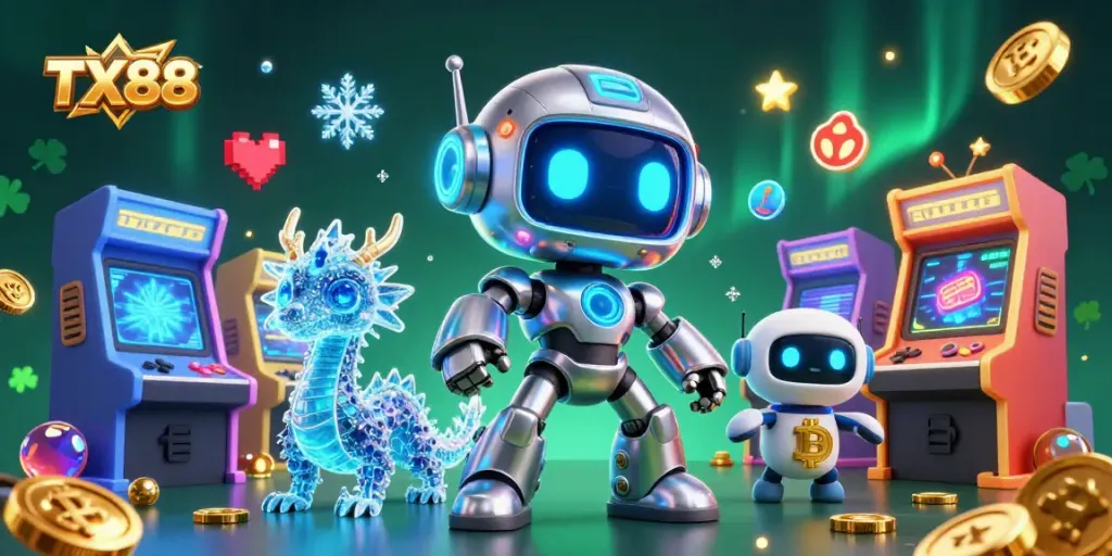 Engage with TX88 as the futuristic robot, dragon companion, and drone celebrate online gambling and crypto rewards.