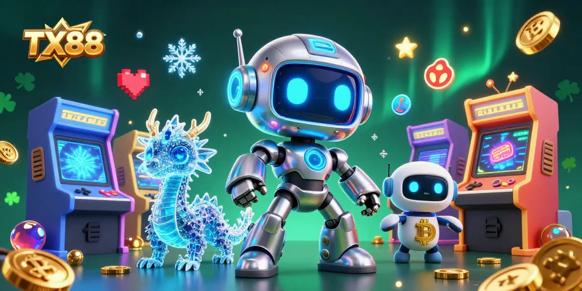 Engage with TX88 as the futuristic robot, dragon companion, and drone celebrate online gambling and crypto rewards.