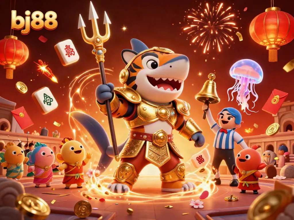 Experience thrilling gaming at bj88 with a dynamic underwater scene featuring a tiger shark and festive elements.