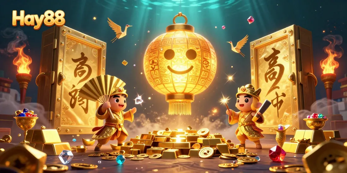 Experience vibrant gameplay at Hay88, featuring golden lantern spirits and treasures in a dynamic casino scene.