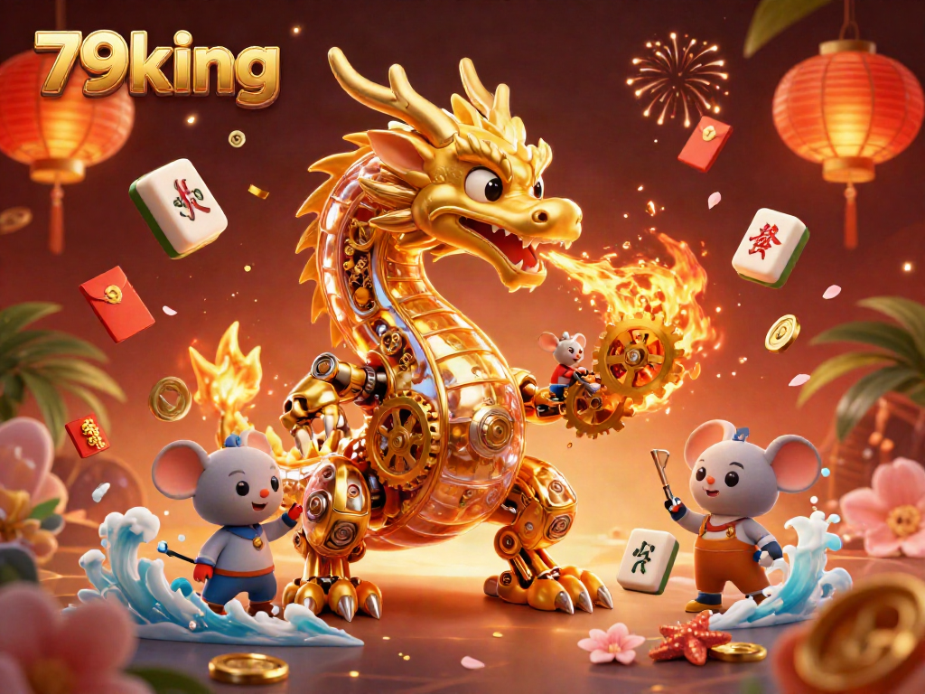 Experience the excitement of 79king with a golden dragon and vibrant casino elements.