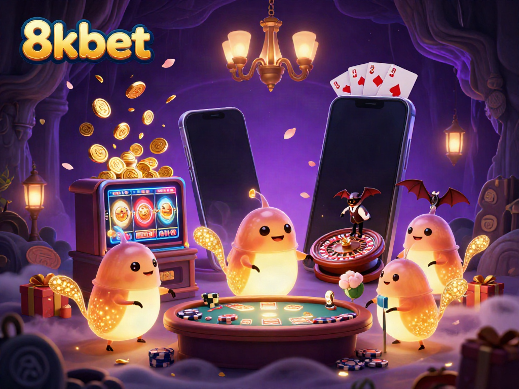 Engage with exciting 8kbet casino games as glowworms illuminate a vibrant gaming environment.