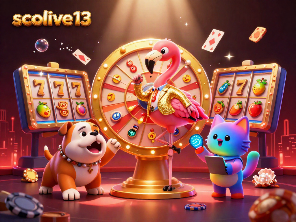 Socolive13's vibrant 3D illustration features a flamingo game show host spinning a golden prize wheel with dynamic casino elements.