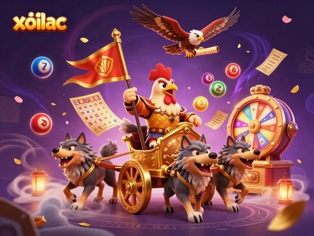 Join the excitement of xoilac with a colorful and dynamic 3D illustration of a rooster warlord leading a thrilling gambling adventure.