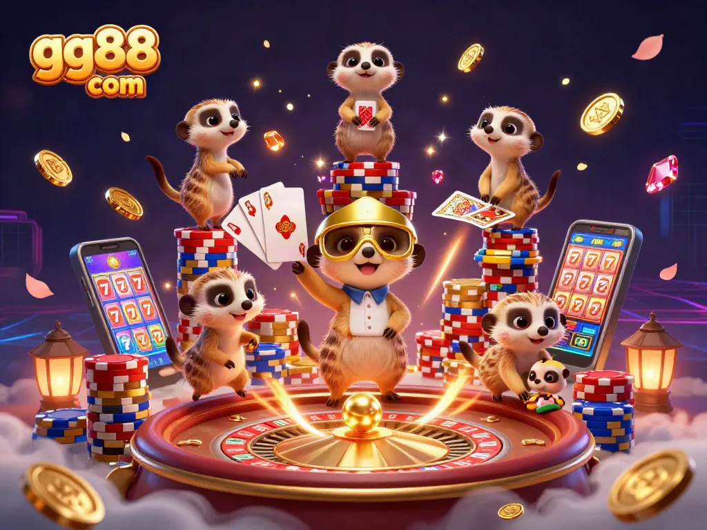 Experience the excitement of gg88 com as meerkats manage a lively casino with treasures flying everywhere.