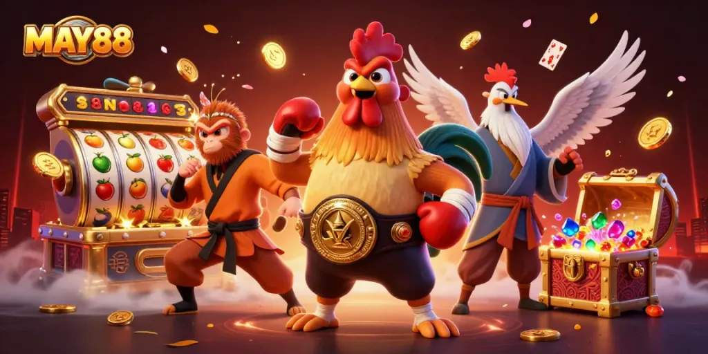 MAY88 showcases a dynamic casino scene with a Muay Thai rooster, Shaolin monkey, and crane master among slot reels and vibrant gold coins.