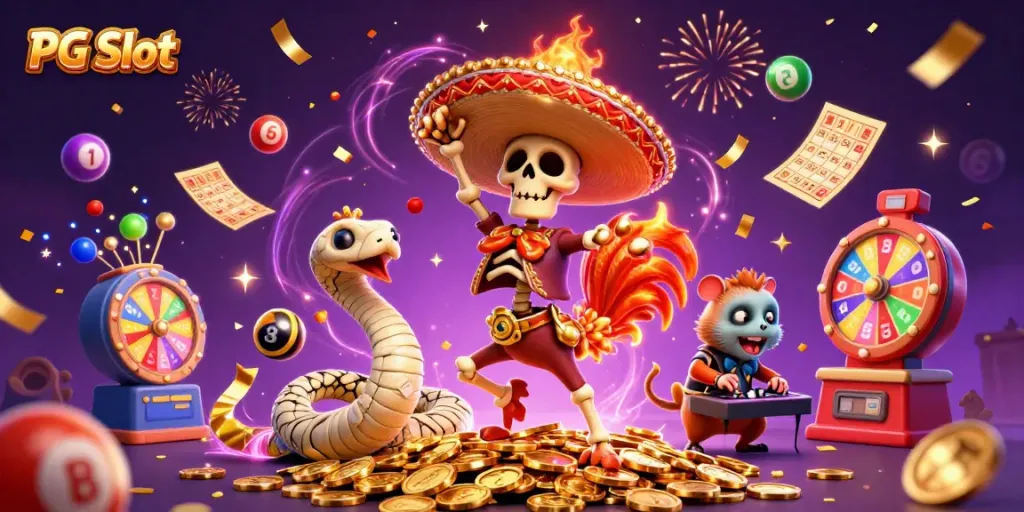 Engage with PG Slot excitement featuring dancing characters, golden coins, and lottery elements.