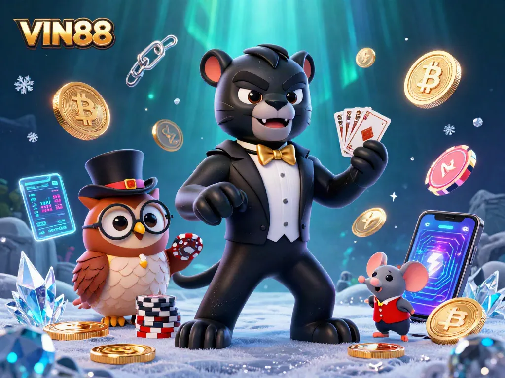 Engage in thrilling casino experiences with VIN88 featuring a stylish panther dealer and lucky characters.