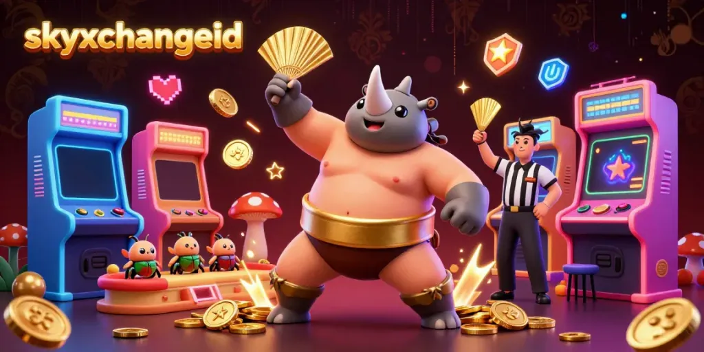 Experience thrilling gameplay with skyxchangeid as a sumo rhinoceros beetle champion stomps golden coins in a vibrant casino scene.