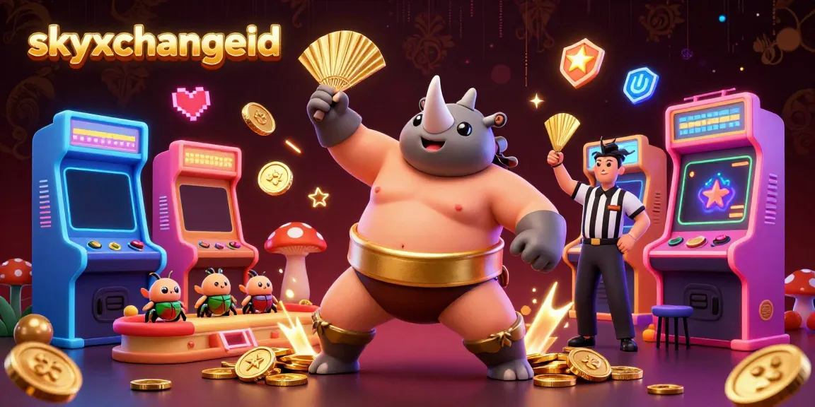 Experience thrilling gameplay with skyxchangeid as a sumo rhinoceros beetle champion stomps golden coins in a vibrant casino scene.