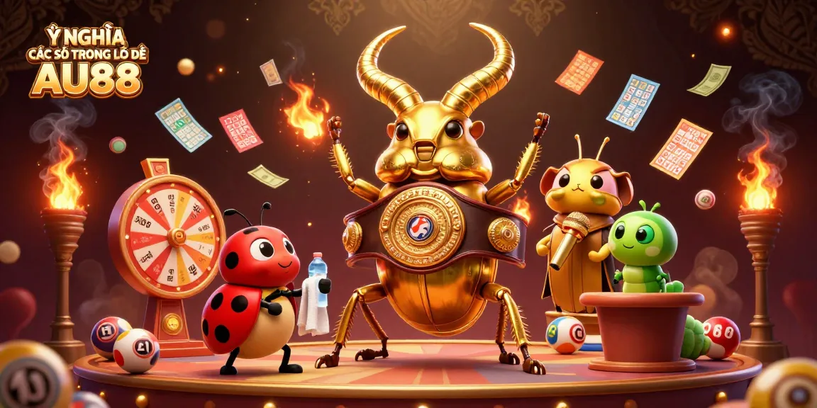 Experience the thrill of Ý NGHĨA CÁC CON SỐ TRONG LÔ ĐỀ AU88 through a colorful lottery scene with unique characters and floating game elements.