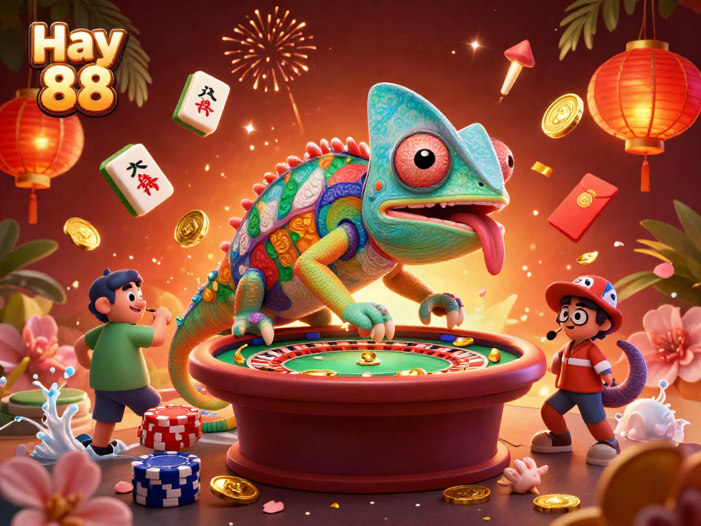 Experience thrilling bets at Hay 88 with chameleon casino owner among vibrant game elements.