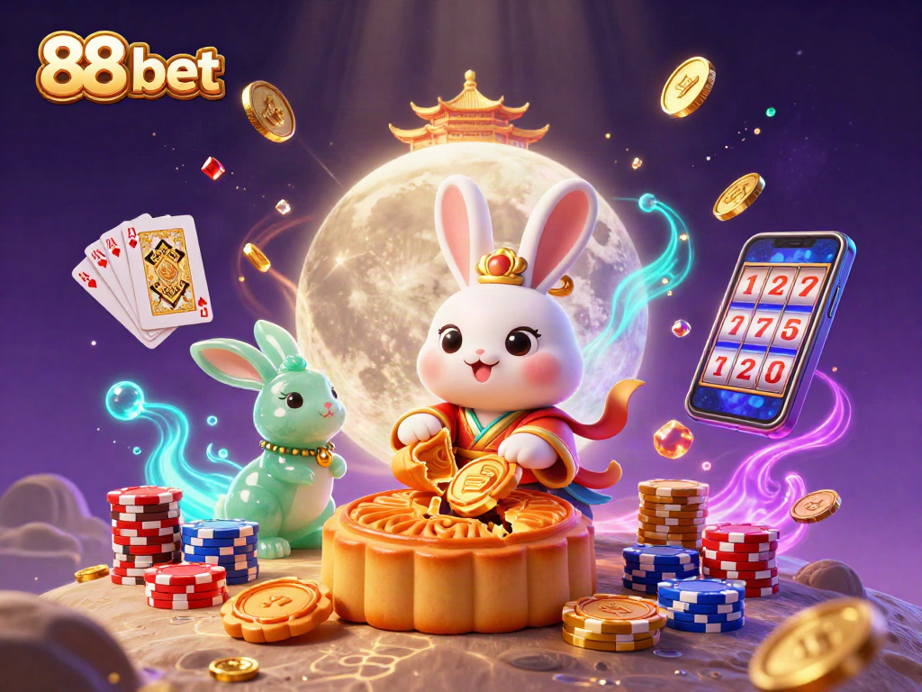 Engage with the thrill of 88 bet surrounded by festive casino elements like poker chips, coins, and rabbits.