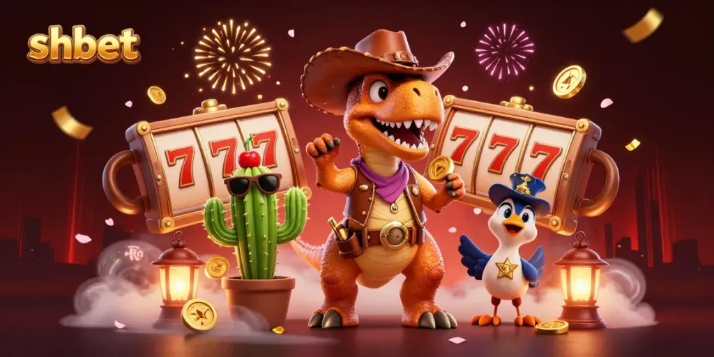 Spin the reels with shbet's vibrant casino-themed illustration featuring characters and elements.