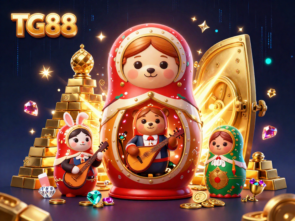 Bet on excitement with TG88's engaging 3D casino scene featuring playful characters and treasures.