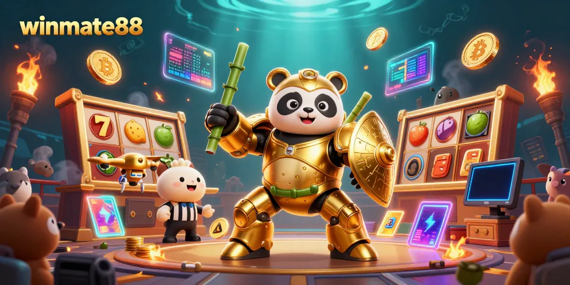 Experience thrilling action with winmate88's vibrant casino scene featuring a golden panda in a mech suit.
