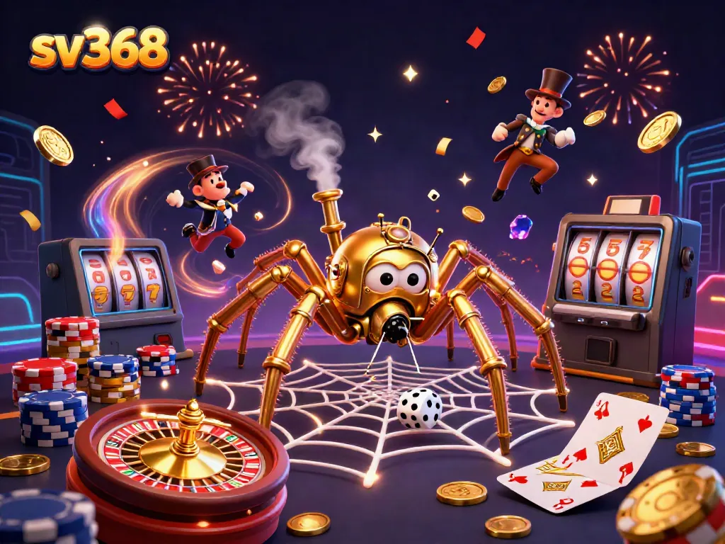 Engaging scene at sv368 showcasing a steampunk spider and Victorian-era gentleman amid casino excitement