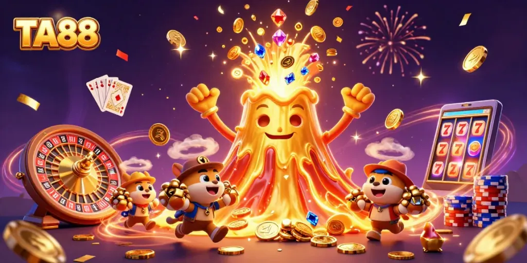 Engaging TA88 casino illustration showcasing a golden volcano and animated explorers amidst cascading coins and treasure.